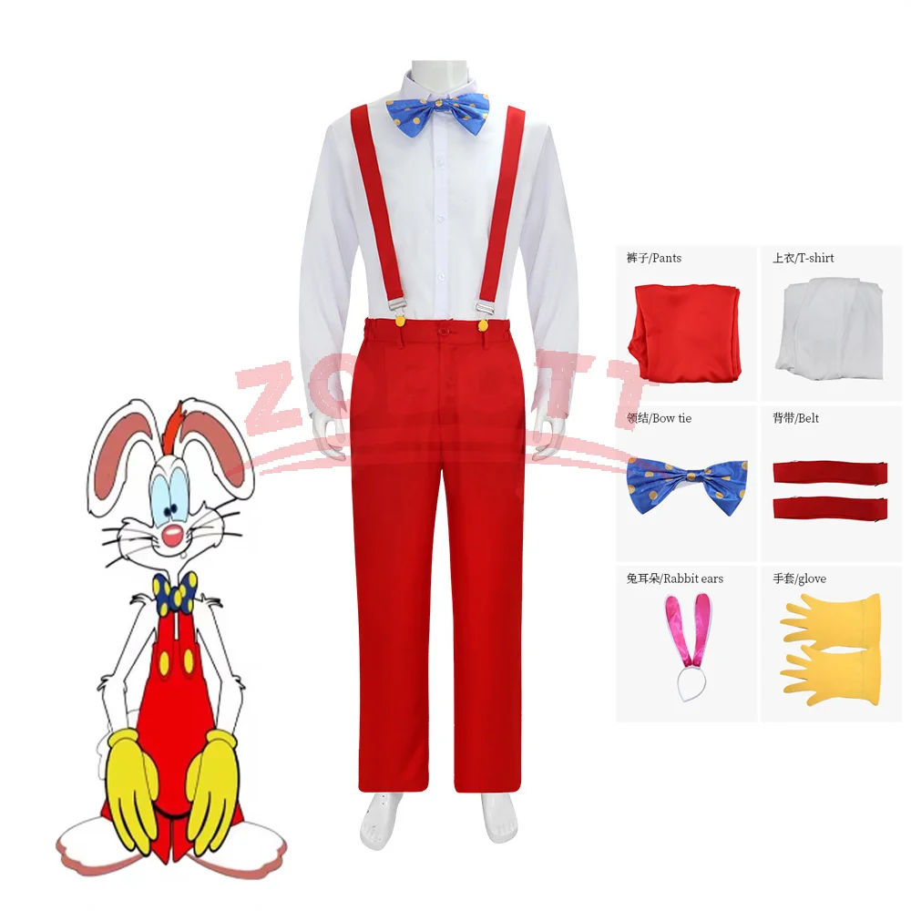 Anime Roger Rabbit Cosplay-Kostüm, roter Hasen-Overall, weißes Hemd mit Hasenohren, Uniform, Halloween-Karneval-Rollenspiel-Outfits