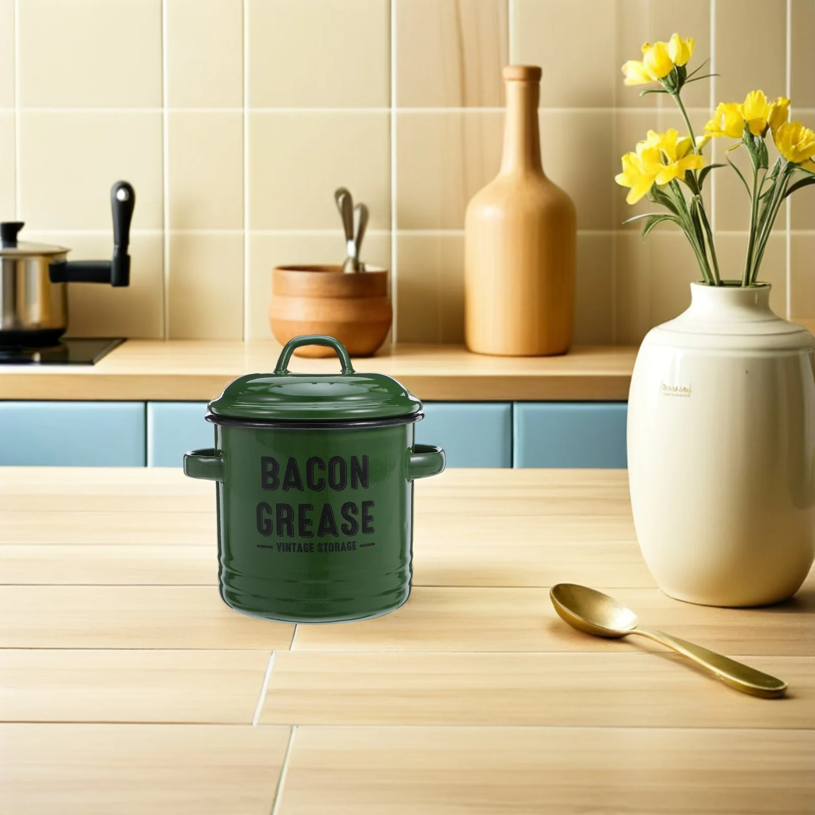 

Elegant Enamel Pot Lid Kitchen Grease Container Cooking Oil Saver Bacon Fat Canister Rustproof Handles Retro Style Food
