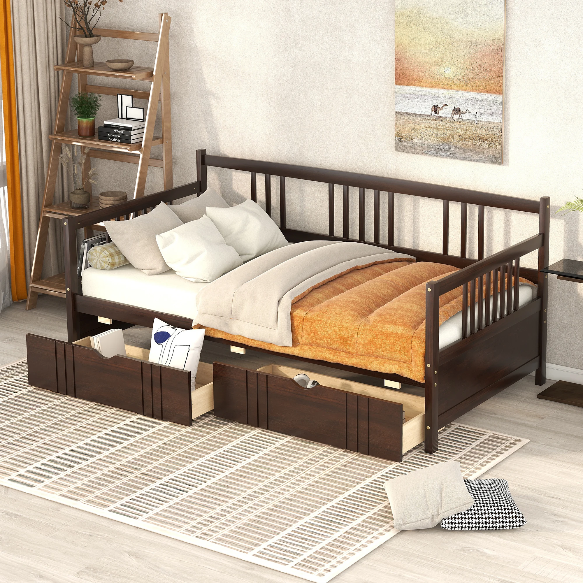 Twin Size Daybed Wood Bed with Two Drawers, Espresso   78.20x42.30x35.40 in.