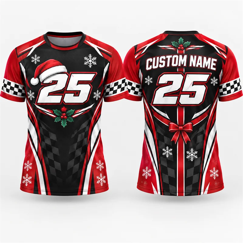 Custom Name Number Christmas Racing T Shirt Men Checkered Flag Short Sleeve Xmas Motorsport Jersey Holiday Streetwear Gift Top