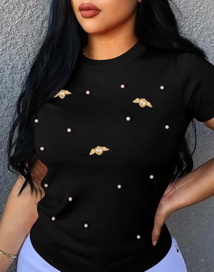 T-Shirt for Women Clothes Summer 2025 New Round Neck Fashionable and Versatile Short Sleeved Pearl Decoration Top for Female
