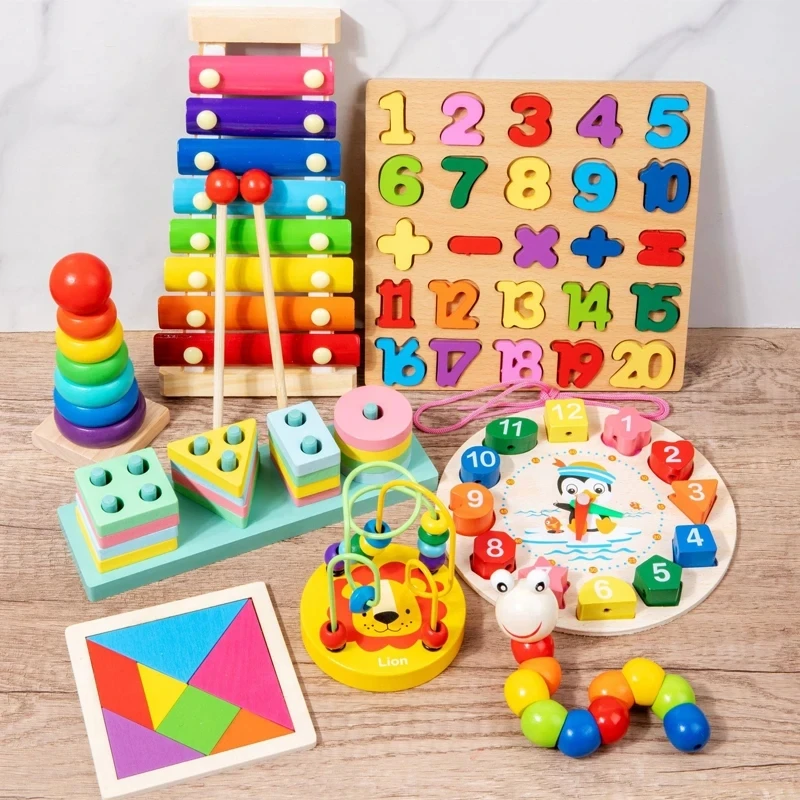 Montessori Wooden Toys Wooden Blocks Tangram Shapes Cognition Puzzle Board Early Learning Educational Toys For Children 3-6 year