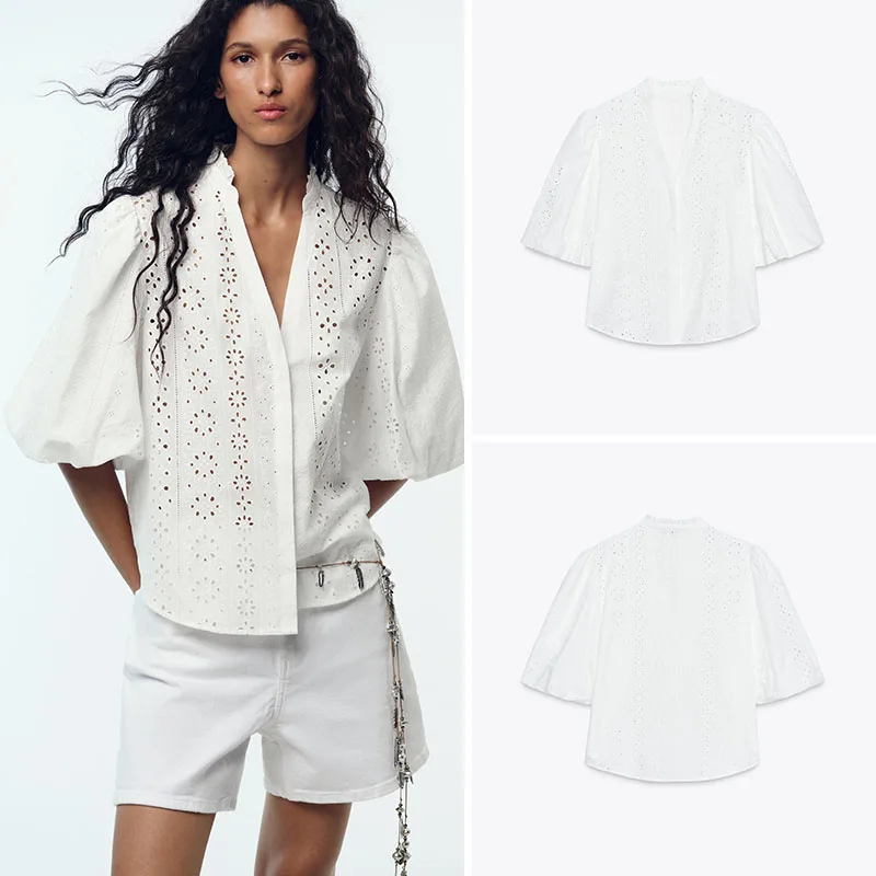 

New Summer Women's irt V-ne Hollow Embroidery ort Sve 2025 Seasonal Faion Ethnic Wear Stage Costume Ladies Top