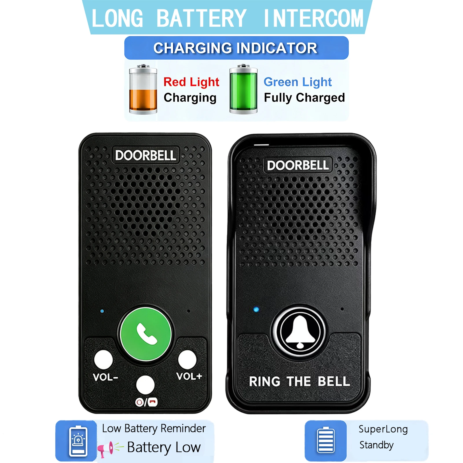 Wireless Intercom Doorbell, Long Range, 2 Way Communication System for Home, Black, 1 pack