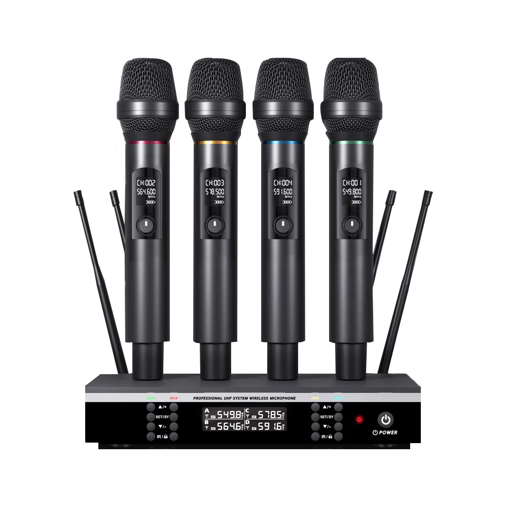 New Product Metal Professional Noise Cancelling Wireless UHF Handheld Microphone 4 Channels For Karaoke Home KTV Performance