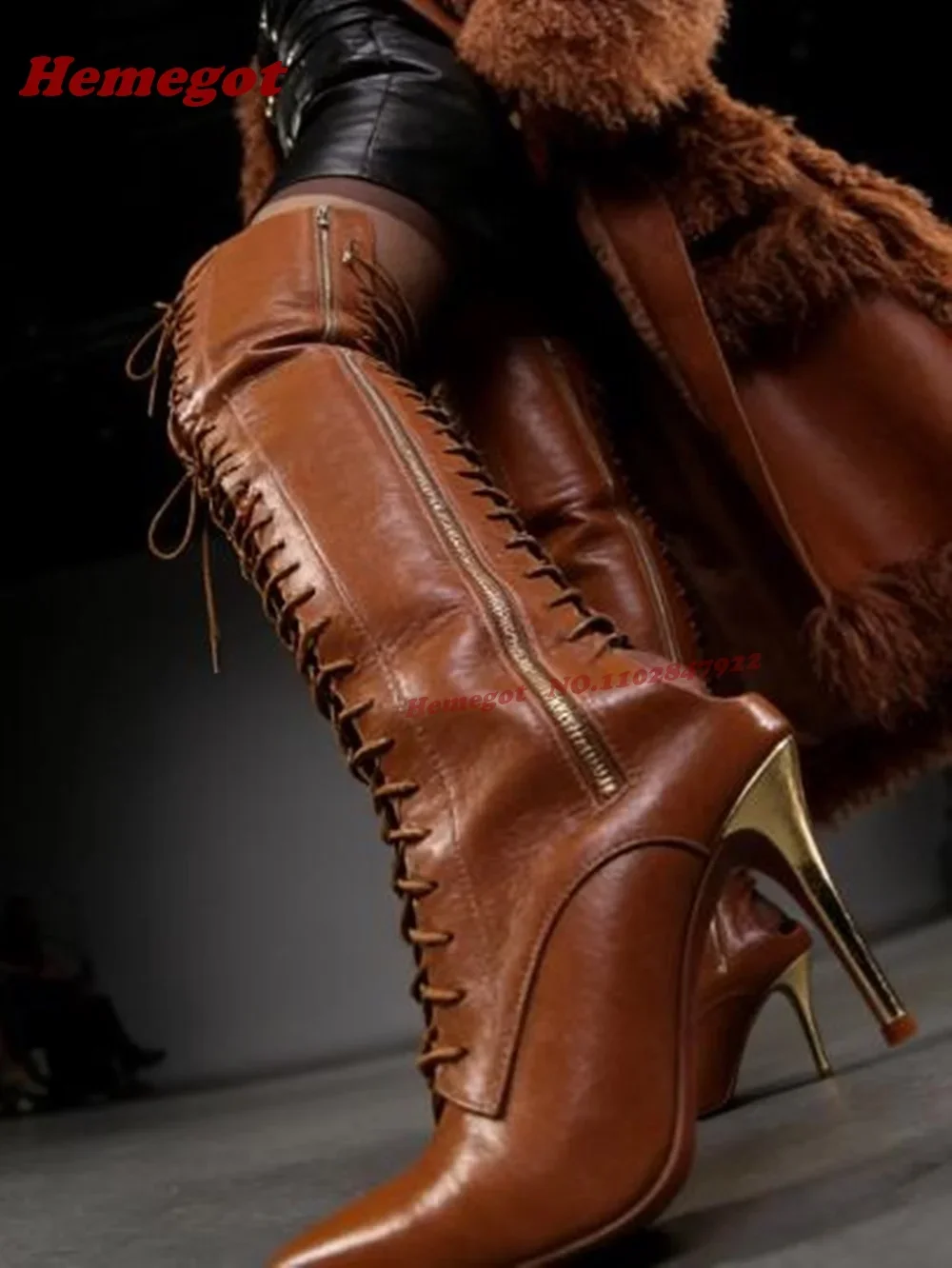 Hollow Out Pointy Toe Cross Tied Side Zipper Winter Boots Brown Strappy Thigh High Boots Leather Thin Heels Lace-Up Runway Shoe