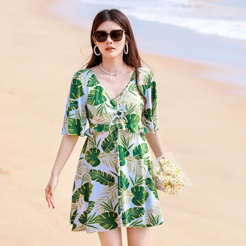 Traje de baño Sexy de una pieza para mujer, vestido de Bikini, minifalda, traje de baño de moda para mujer, vestido de manga corta, traje de baño de playa de cintura alta