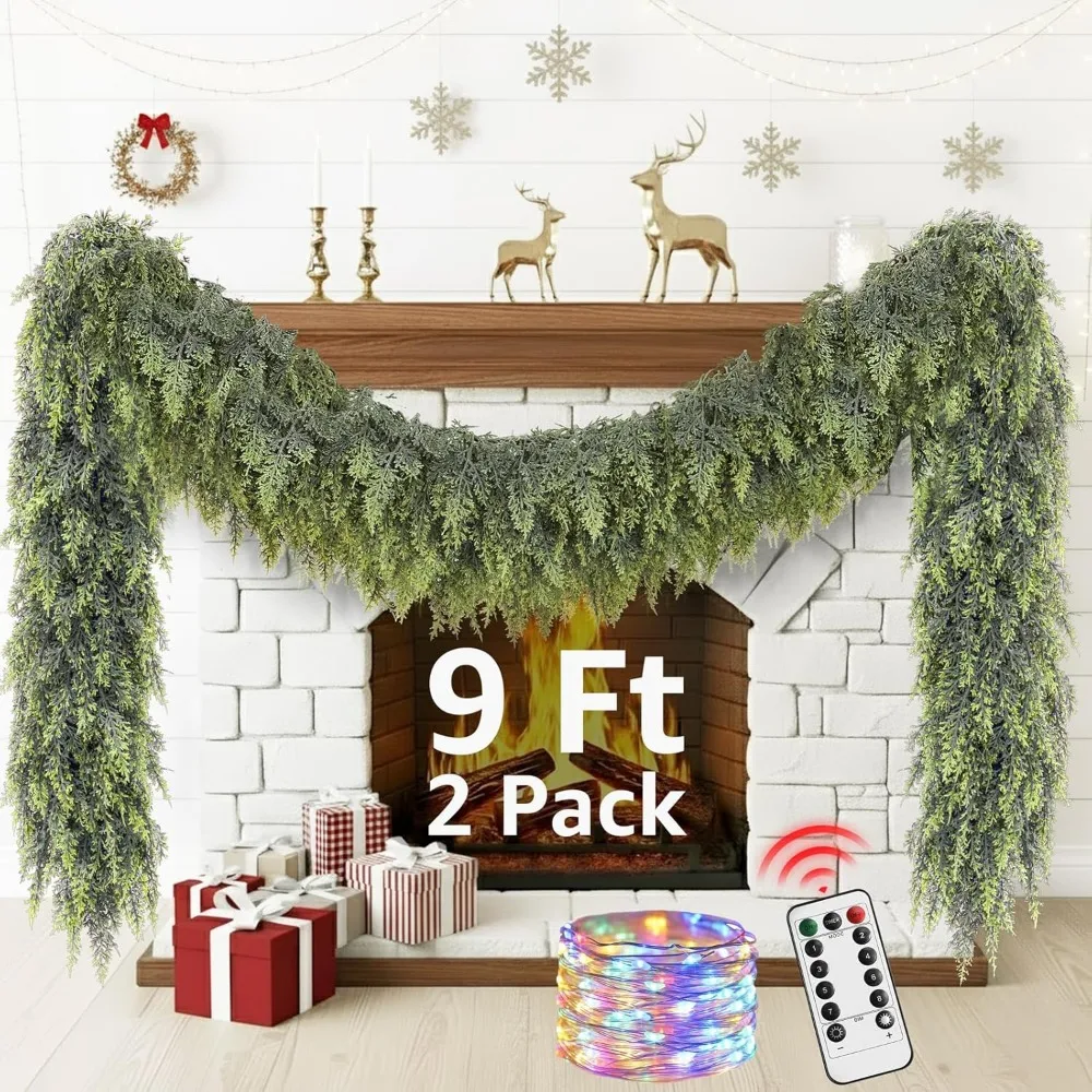 

Realistic 9-Foot Faux Pine Garland with Lights, Set of 2 for Christmas Mantle Decoration