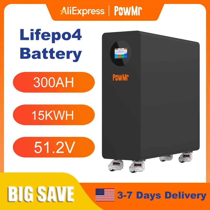 

PowMr 300AH LiFePO4 Battery 48V 15KWH Battery Packs Solar Lithium Battery Home Energy 6000+ Cycle CAN BMS Up to 16 in Parallel