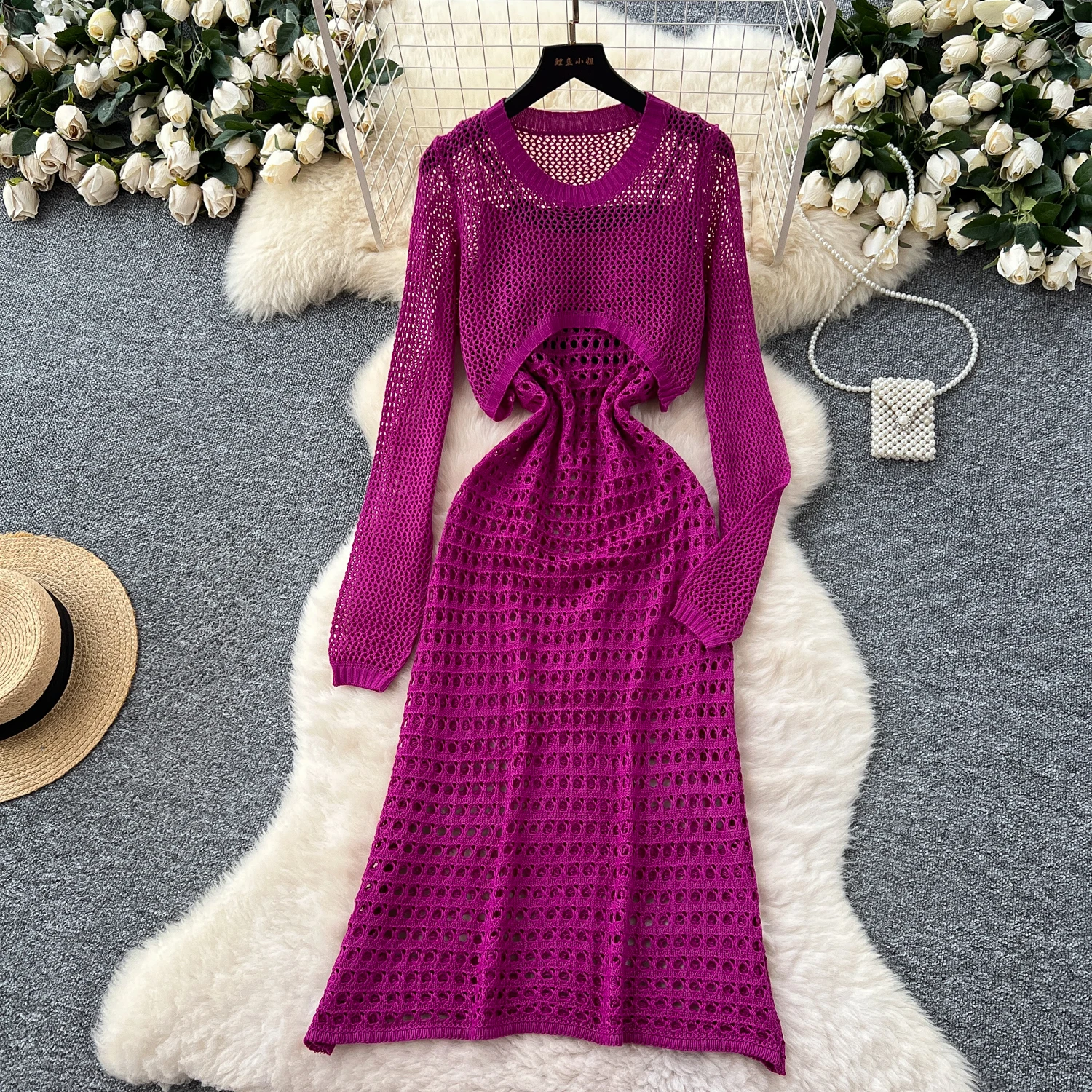 

Chic Sexy hollow out Plaid O-Neck French Fashion Knitted Vestidos Summer Elastic Slim Pencil dress Two Piece Set