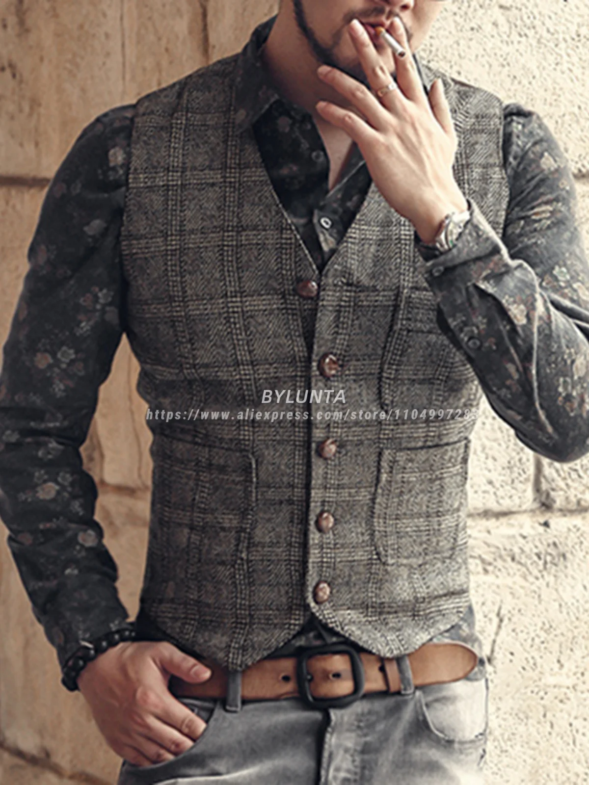 Bylunta Brown High-quality Buttons Casual Plaid Wool Men's Vest Waistcoat Wedding Cowboy Style Groomsmen