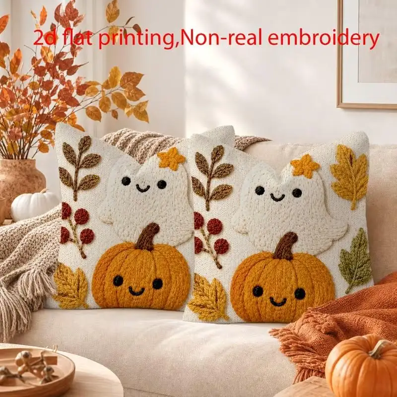 2D Fall Halloween Throw Pillow Covers Decorative Pumpkin Ghost Pattern Pillowcase Soft Cushions For Home Sofa Couch