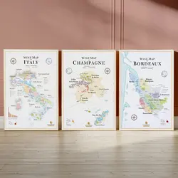 Spain Wine Map, Italy Wine Map, Wine Map of Bordeaux France Canvas Painting Wall Poster Art Prints Home Decor Gift