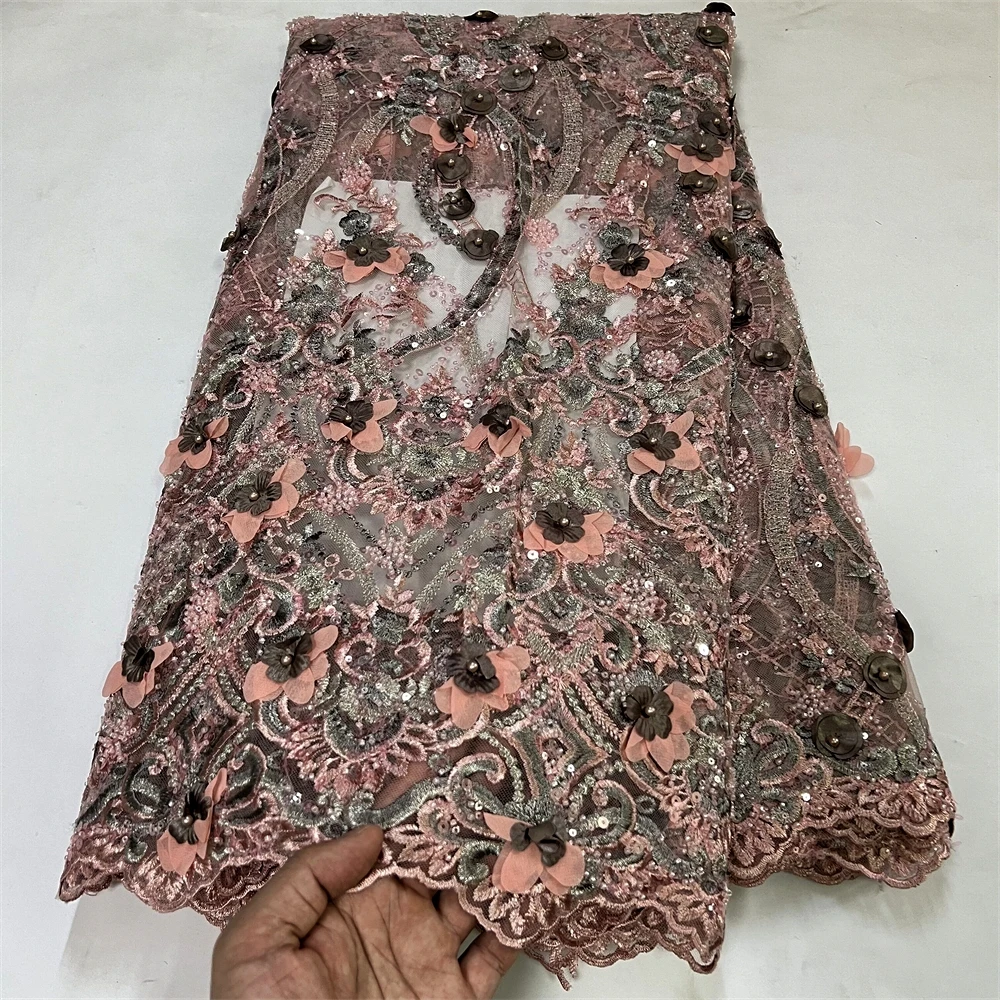 2024 High Quality African Nigerian Embroidery Tulle Lace Fabric Cotton Wedding Party Golden Dress Damask Sequins 5Yard H0348