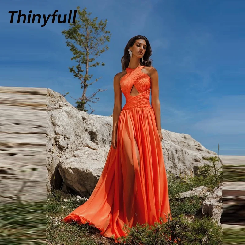 

Thinyfull A-line Chiffon Prom Dresses Sleeveless Halter Evening Dress Split Dubai Holiday Style Gowns Robe De Soirée Customized