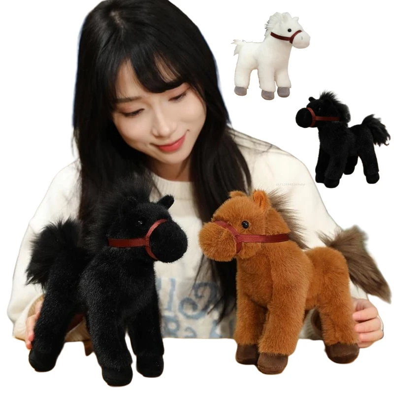 23 cm entzückende realistische Miniatur-Pony-Tiere, Plüschtiere, lebensechtes braunes schwarzes Pferd, weiches Stofftier, Dekokissen, Puppengeschenke