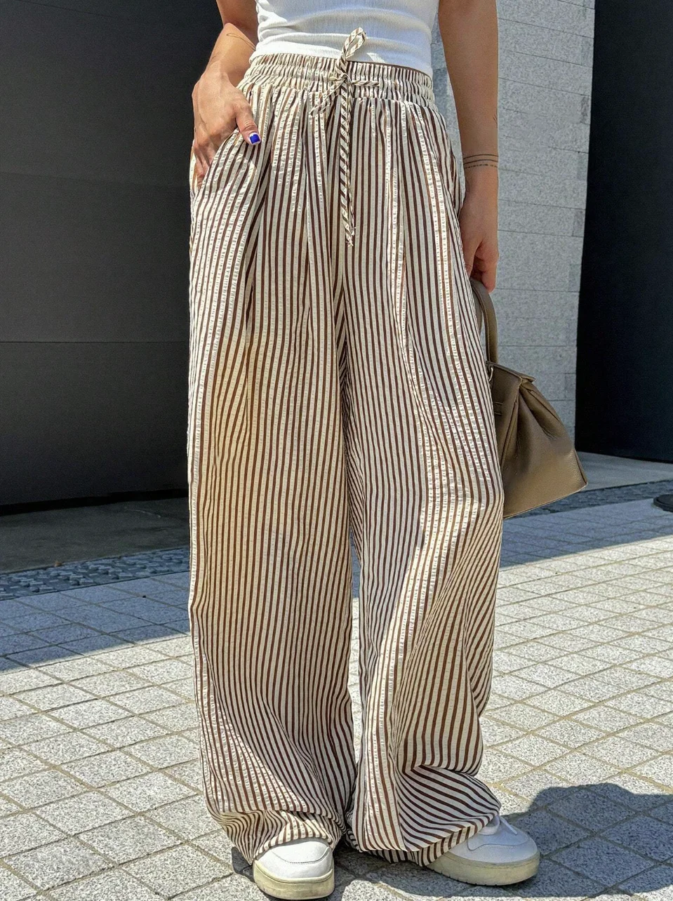Striped printed wide leg pants casual drawstring waist pocket loose spring and summer pants, womens mature pants