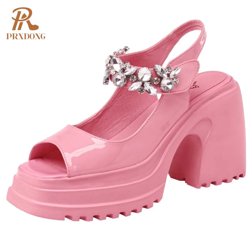 PRXDONG Women's Shoes 2024 New Fashion Crystal Genuine Leather Square High Heels Platform Black Pink Dress Party Lady Sandals 39