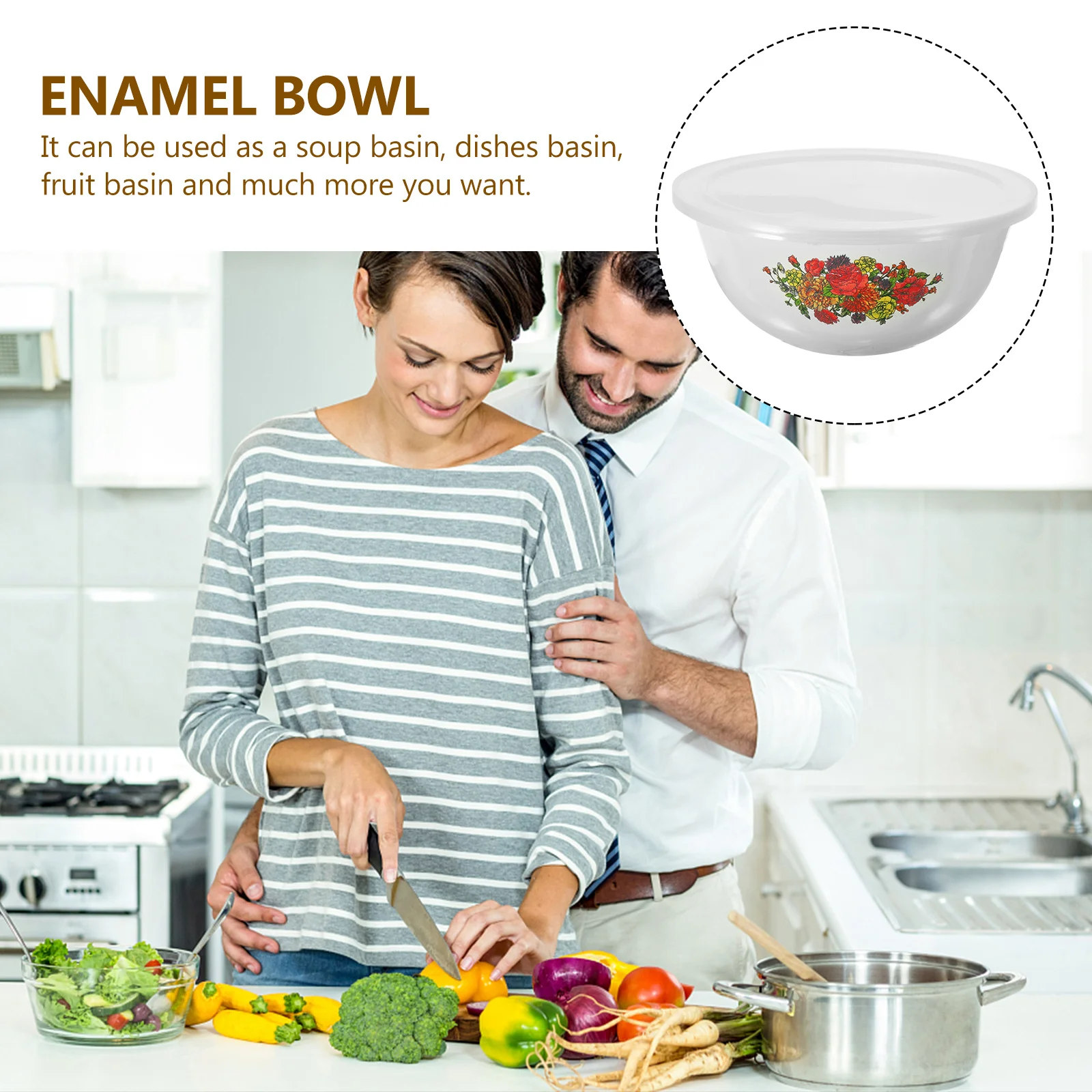 

Enamel Basin With Lid Large Capacity Vintage Style Kitchen Storage Bowl For Soup Rice Fruits Vegetables Mixing Dough