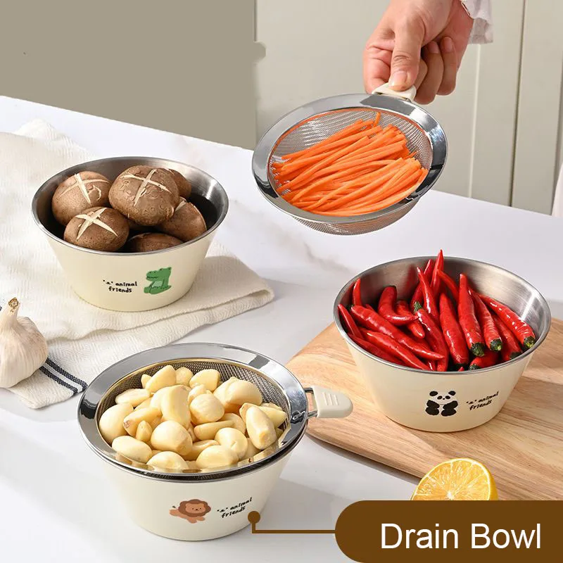 

304 Stainless Steel Rice Drain Bowl Basket Fruit Vegetable Washing Bowl Multi-function Kitchen Drainer Mesh Drain Device Tool