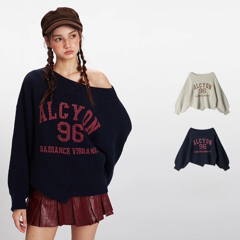 

SYEPA American Retro Short Off-Shoulder Knitted Sweater for Women Loose Fit Autumn Winter Outerwear