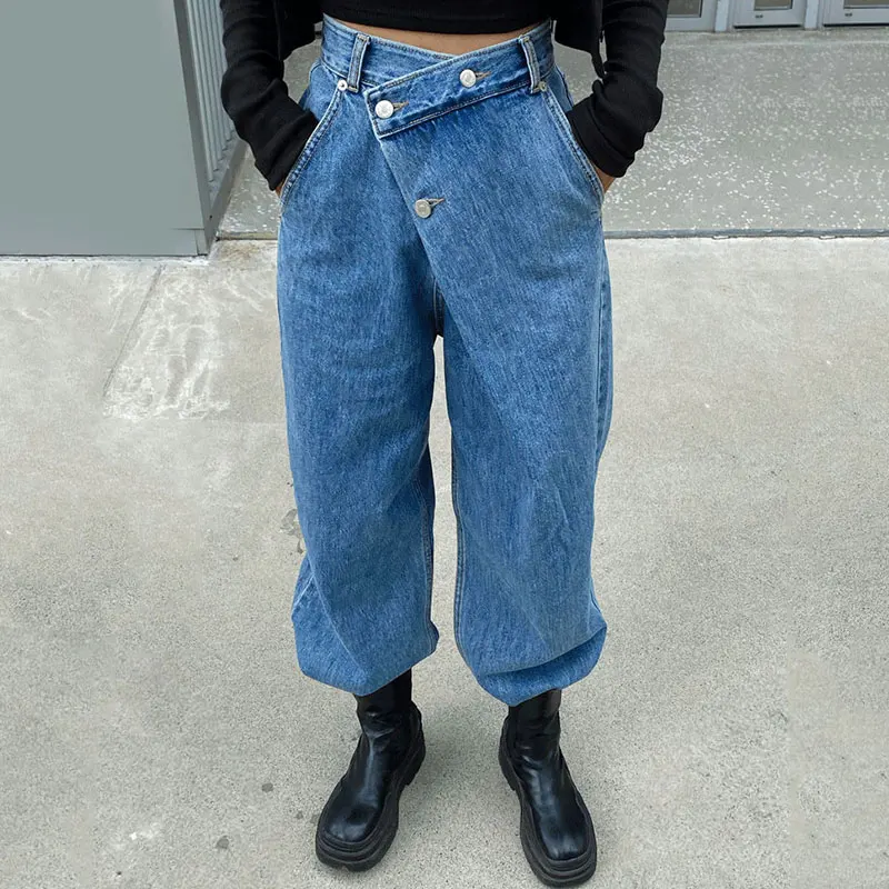 

Retro High Waist Wide Leg Jeans Women's Straight Cut Trousers Autumn Winter Chic Asymmetrical Button Design Long Pants