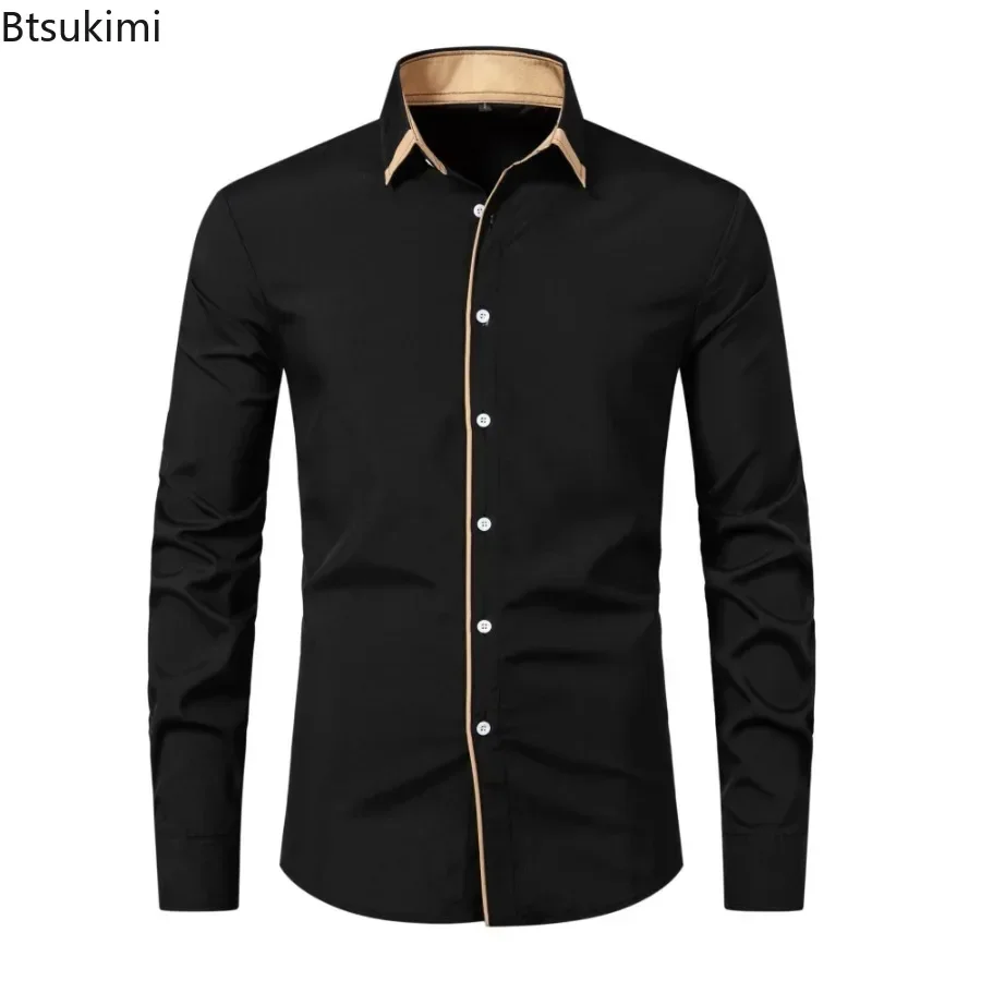 2025 Nowe wiosenne koszule z długim rękawem Moda męska Biznesowe koszule casualowe Slim Button Lapel Patchwork Social Shirt Tops Męskie