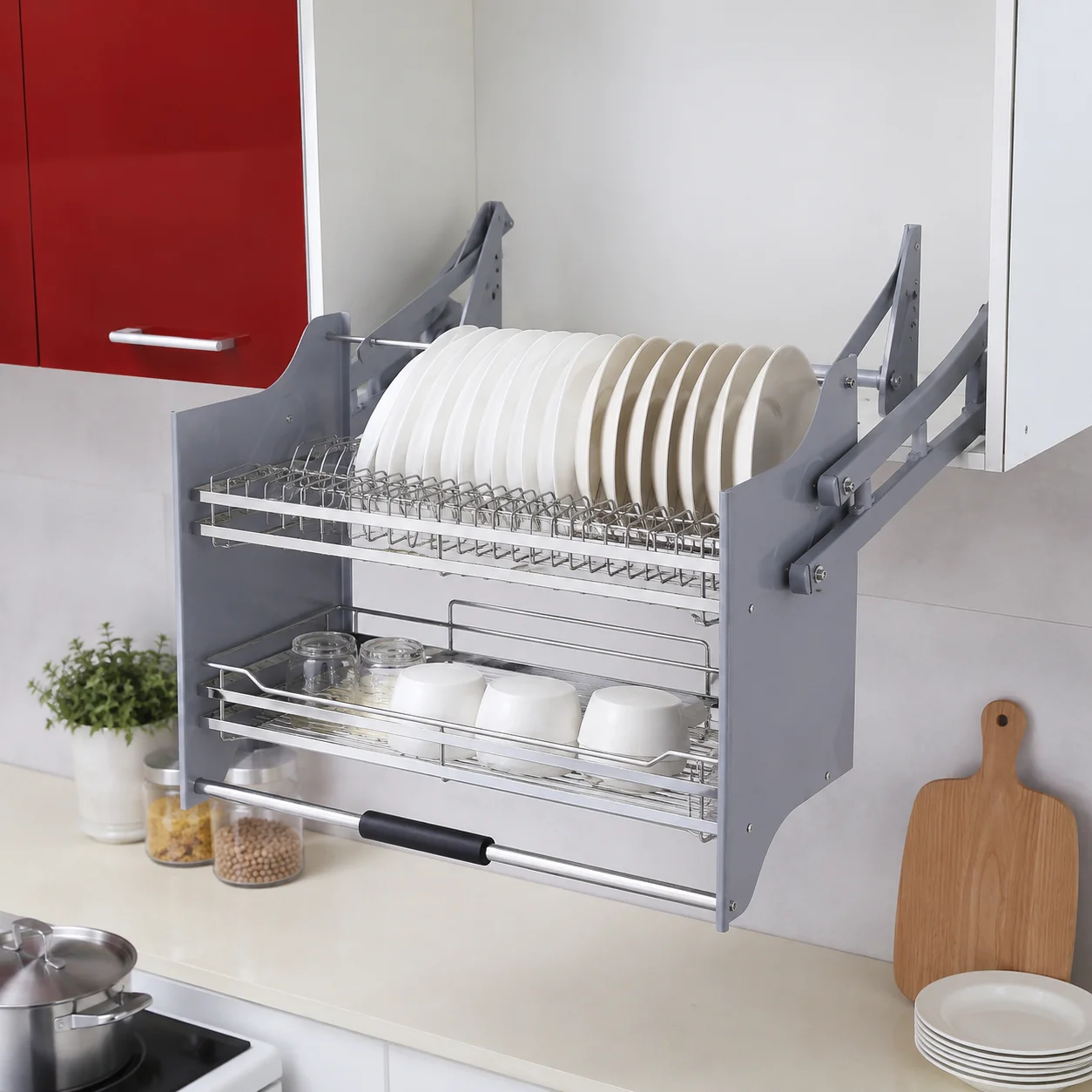 Heavy Duty Elevator Basket Rack Chrome Plated Metal Pull Down Lifting Basket for High Wall Cabinet Storage