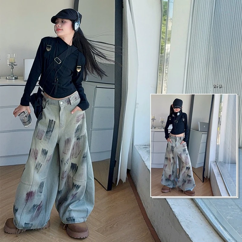 

Винтажные джинсы с галстуком-красителем для девочек 4–14 лет, хлопковая черная футболка, широкие брюки для маленьких детей, рубашка с высоким воротником, детские брюки