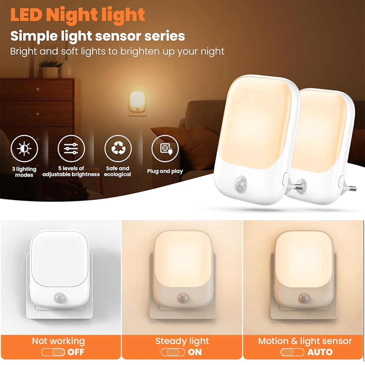 Smart LED Night Light with Sensor, Adjustable Brightness, Suitable for Bedroom, Bathroom, Corridor, Staircase, Kitchen - Plug-in