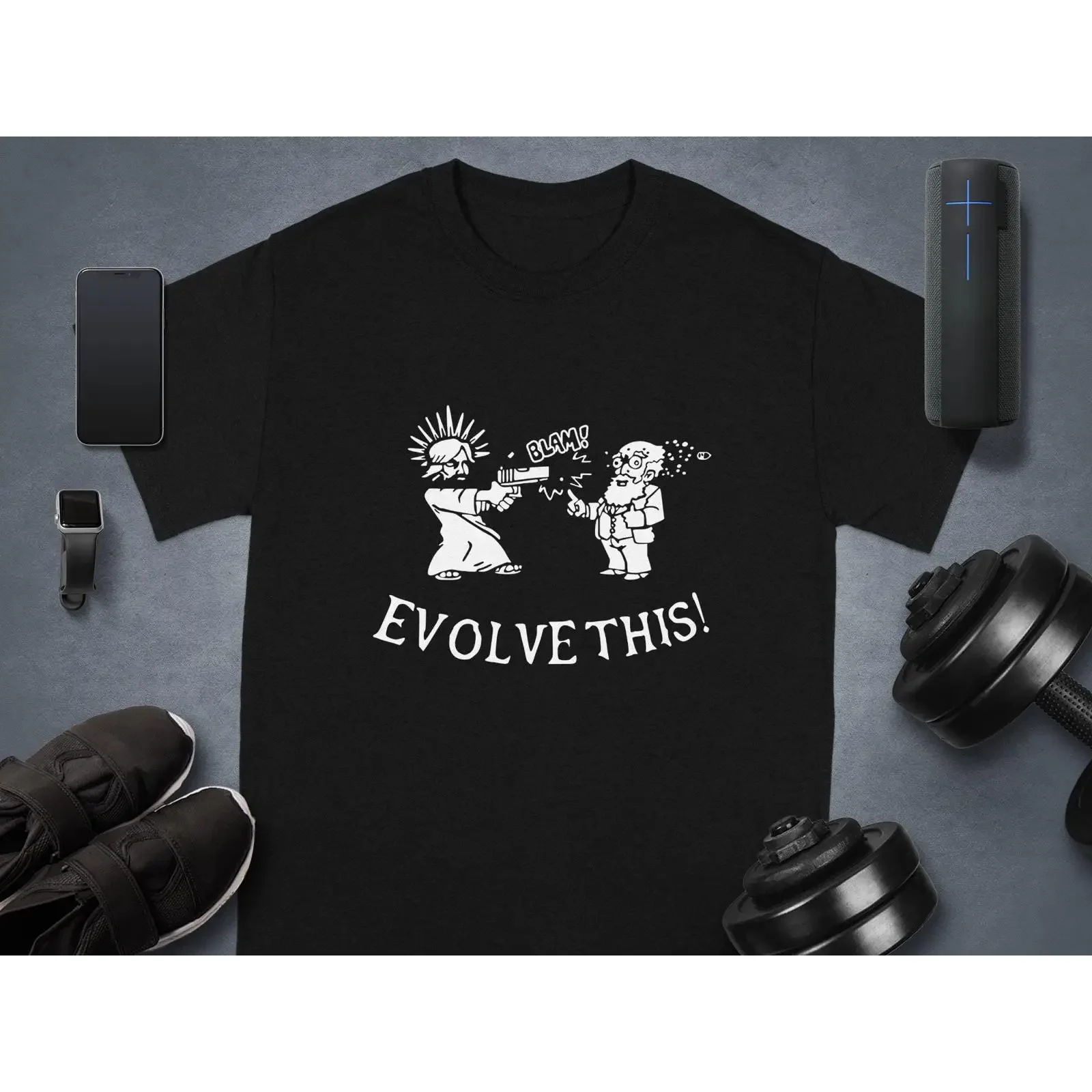 Camiseta Evolve This Jesus Shooting Darwin, divertida, con broma sobre la evolución, ateísta, controversia religiosa, informal, vintage, lavada, elástica