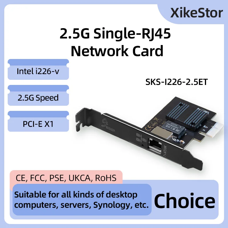 XikeStor PCIE 2.5G RJ45 Port Network Card Chip Intel i226-V 2500M/2.5G Rate PCIE X1 Network Card for Desktop/ Server