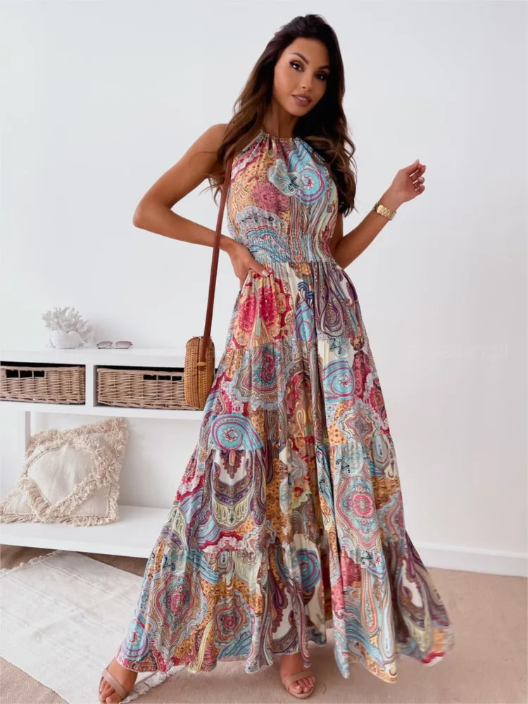

Fashion Ladies Floral Print Long Dresses 2025 Summer Elegant Sexy Shoulder Bone Big Hem Maxi Dress Casual Women Beach Dress