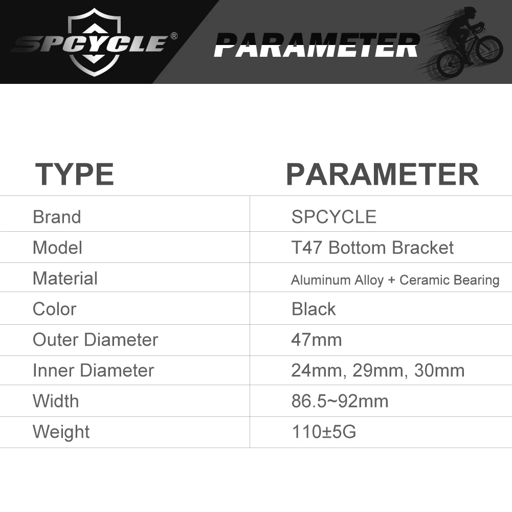 Spcycle Ceramic Bearing BB Shell Width 86.5~92mm Inner Diameter 24mm 30mm DUB T47 Bottom Bracket