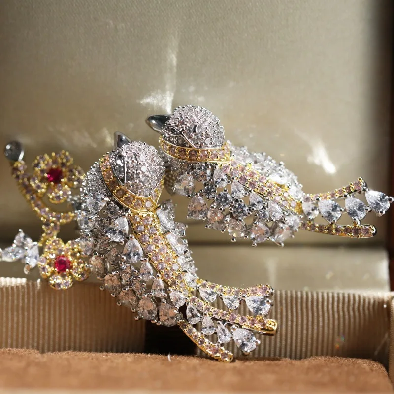 Copper Base Gold‑Tone Plated Zircon Twin‑Bird Brooch Elegant Wedding Lapel Pin Fashion Jewelry Accessory for Women