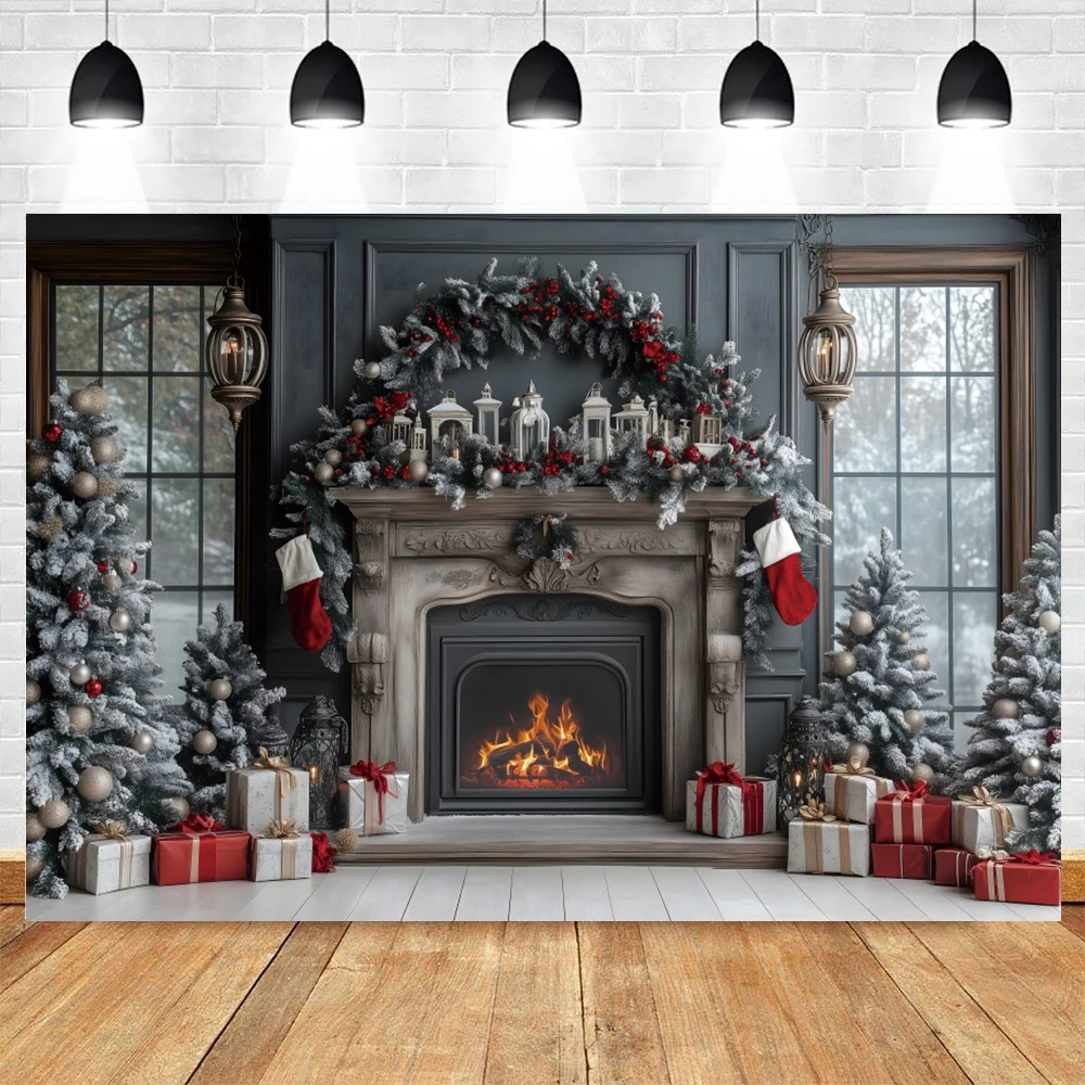 Merry Christmas Photography Backdrops Xmas Tree Fireplace Santa Kids Family Child Xmas Winter Festival Decor Photo Background