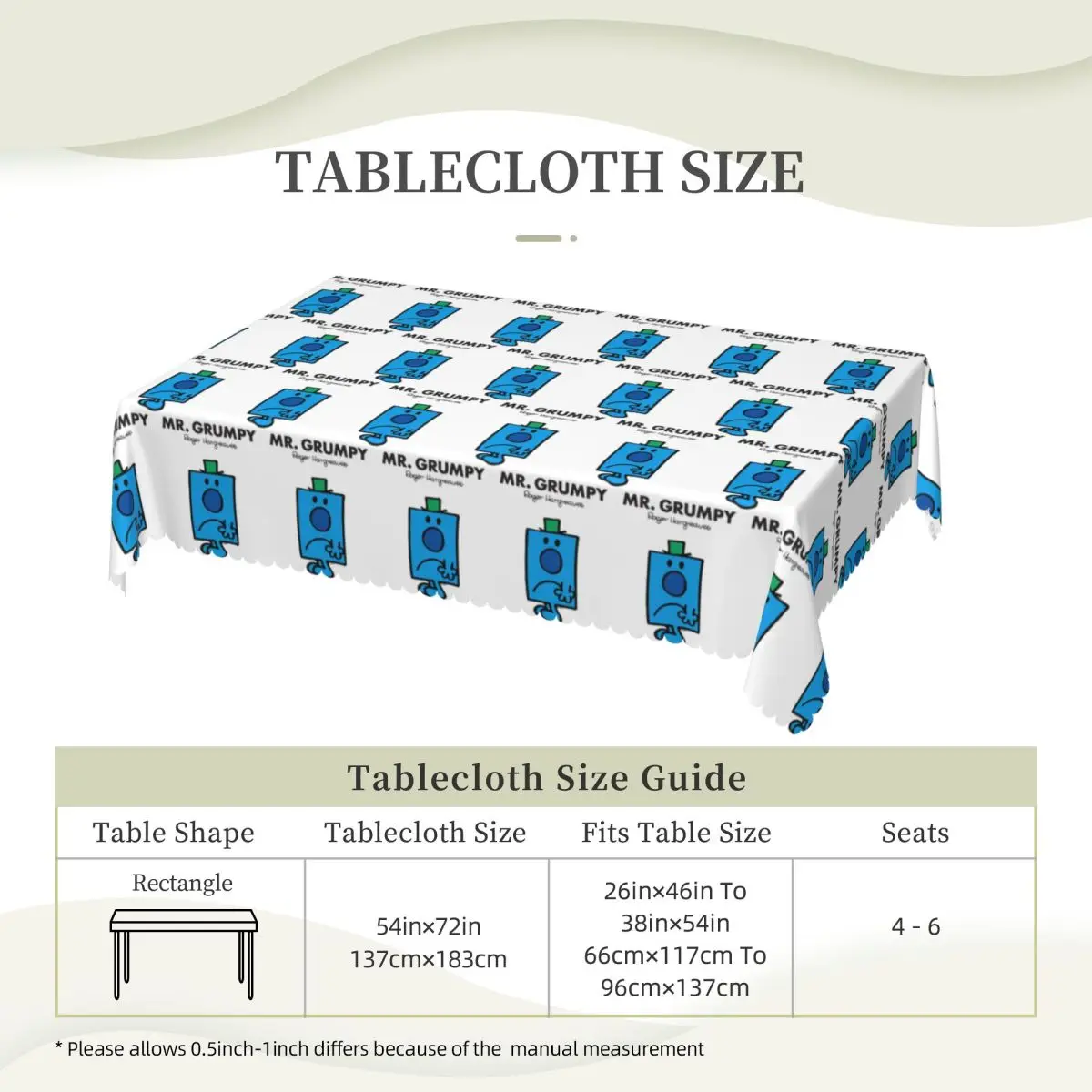 Mr. Grumpy Custom Rectangular Tablecloth Waterproof Table Cover for Dining Events Table Cloth