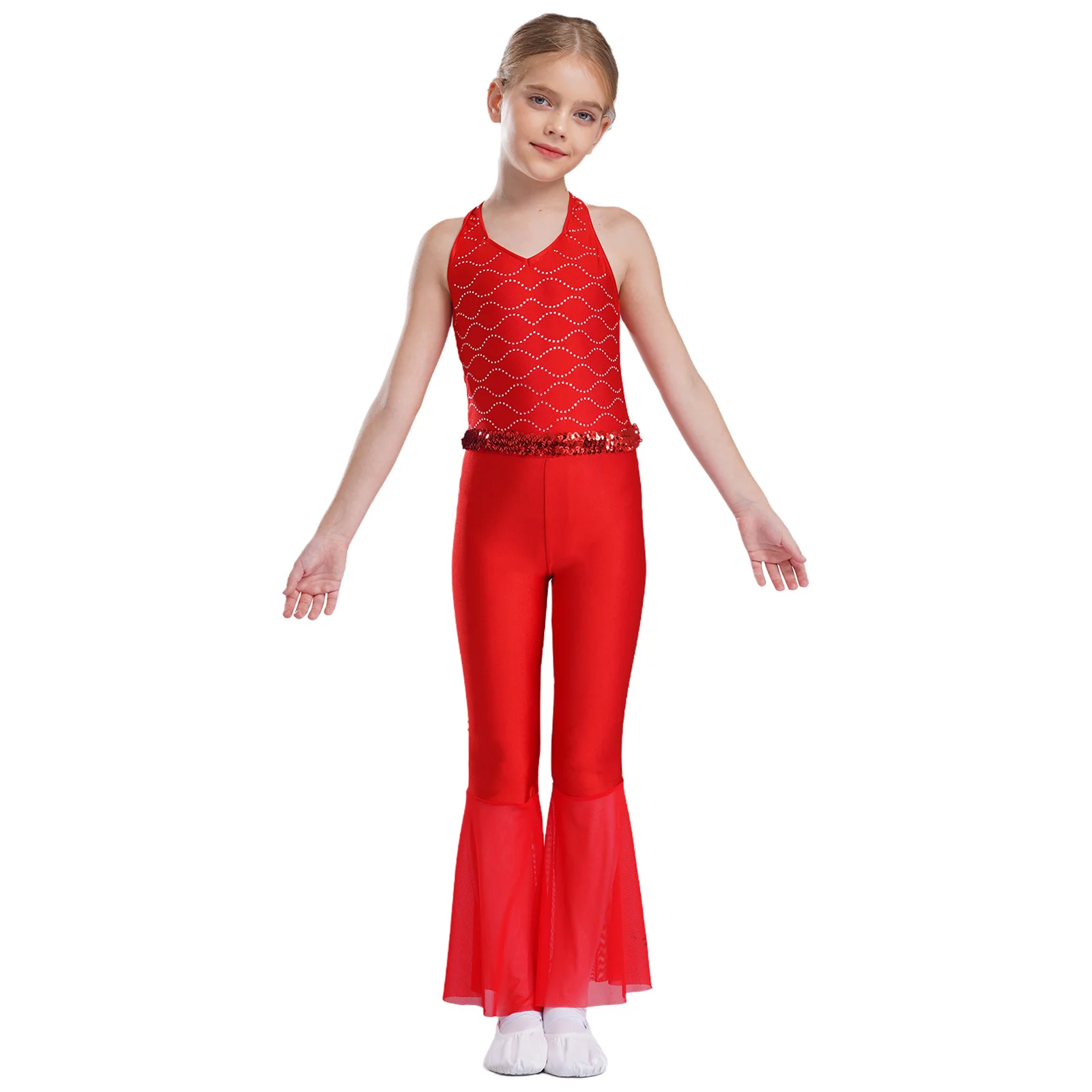 

Kids Girls Rhinestones Mermaid Rompers Sleeveless Halter Bell-Bottom Pants One-Piece Jumpsuit for Ballet Gymnastics Jazz Latin
