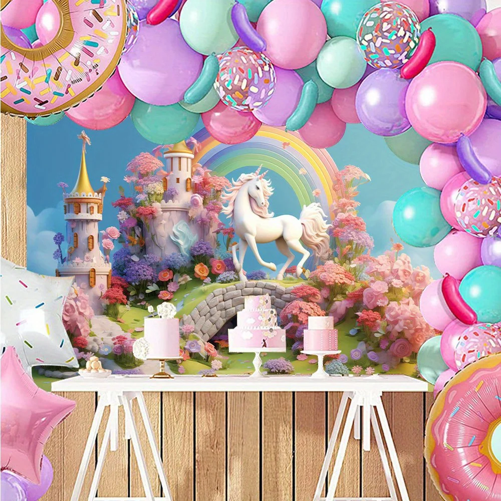 1 fairy tale castle rainbow unicorn photography background, cake smashing birthday party cake table supplies
