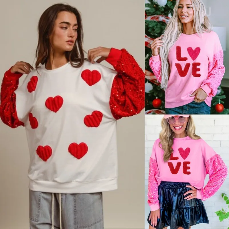 Women Valentines Day Sweatshirt Sequin Sleeves Heart Bright Color Round Neck Long Sleeve Loose Pullover Lady Party Holiday Top