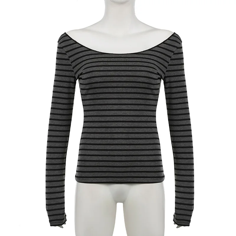 Damen Harajuku Basic Slim Fit Langarm-Streifent-Shirt mit Schulterfreiem O-Ausschnitt im Koreanischen Street-Style Graues T-Shirt für Frühling und Herbst Y2 – Detail 9