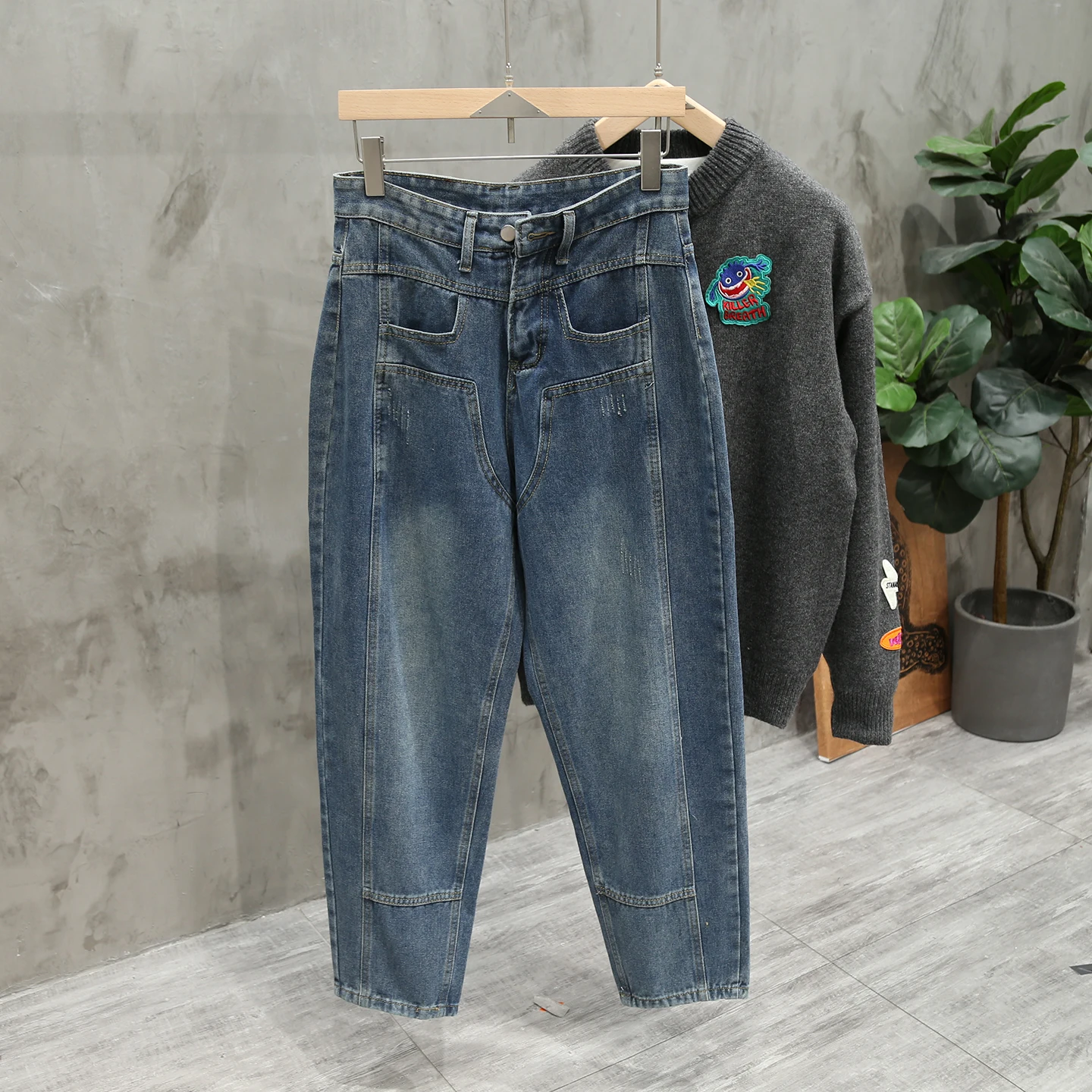 ربيع الخريف الرجال الربط الجينز الأمريكية الرجعية الأزرق غسلها الدنيم السراويل عارضة أزياء شارع العليا فضفاض الذكور السراويل