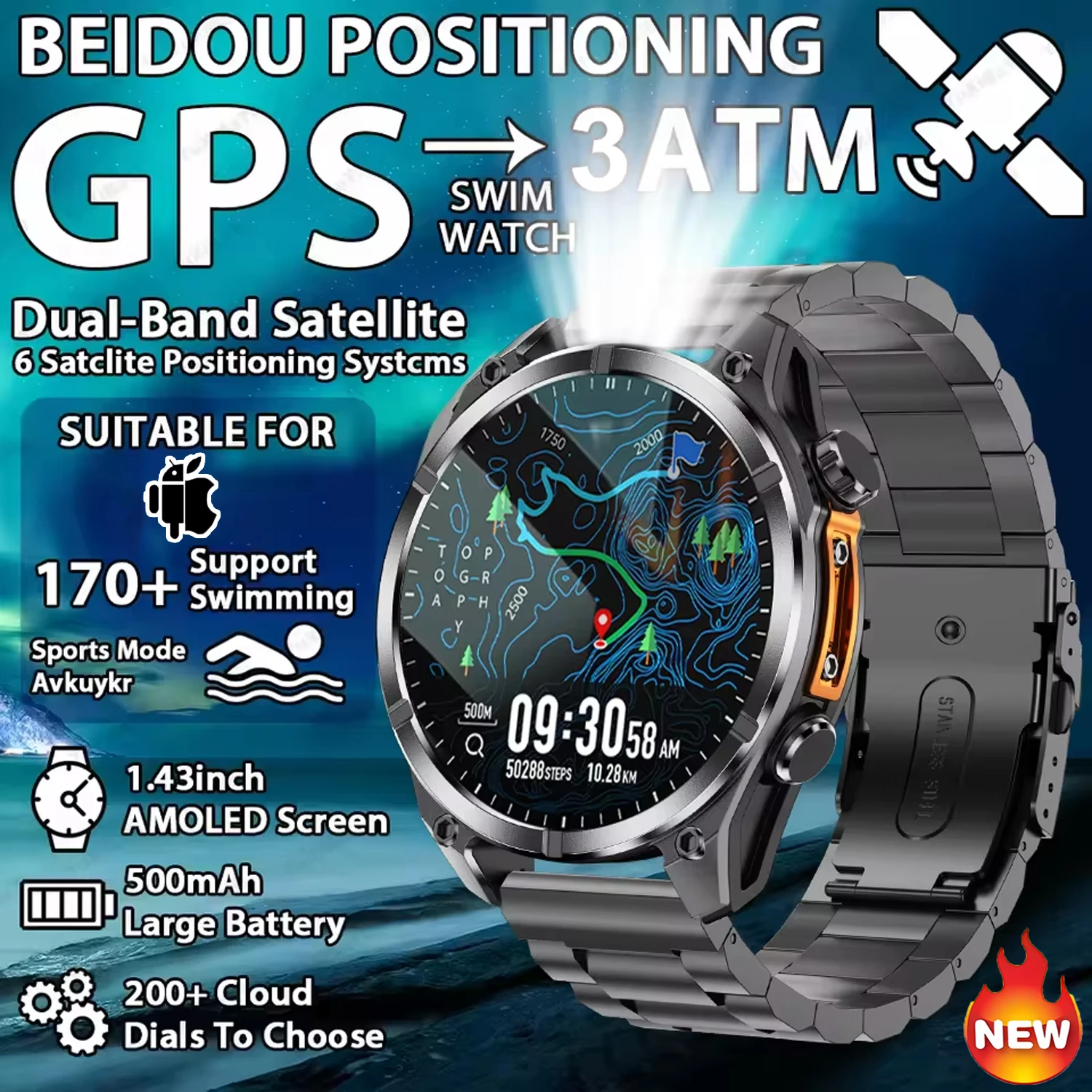 

New Smart Watch 3ATM Waterproof Outdoor watch Men Bluetooth CallHeart Rate Health Monitor Compass GPS 1.43 466*466 HD Screen2025