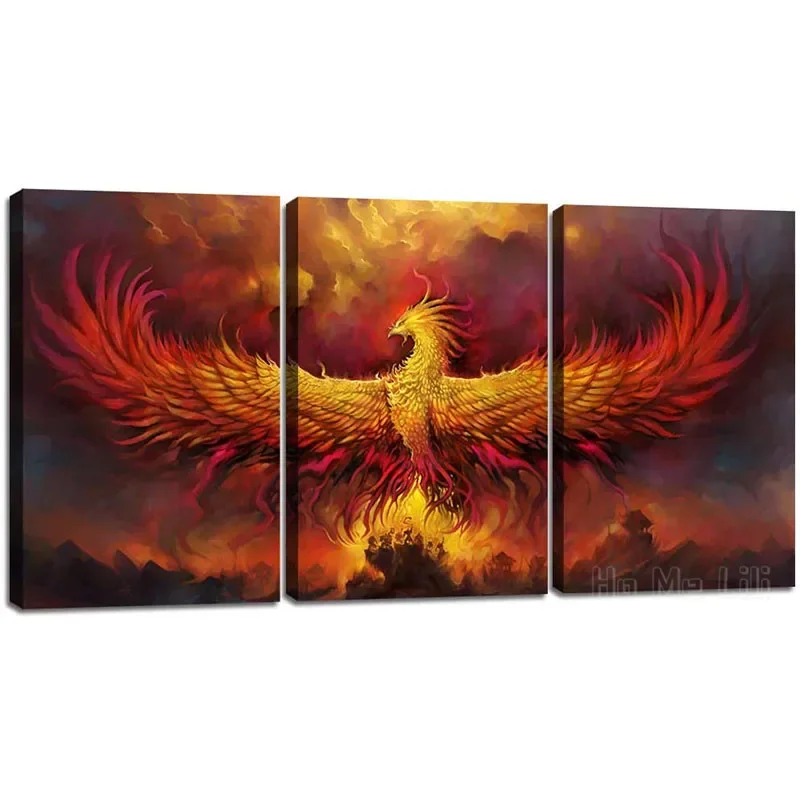 Fantasy Wall Art Canvas Prints Golden Red Burning Phoenix Volcanic Animal Birds Living Room Bedroom Home  Decoration