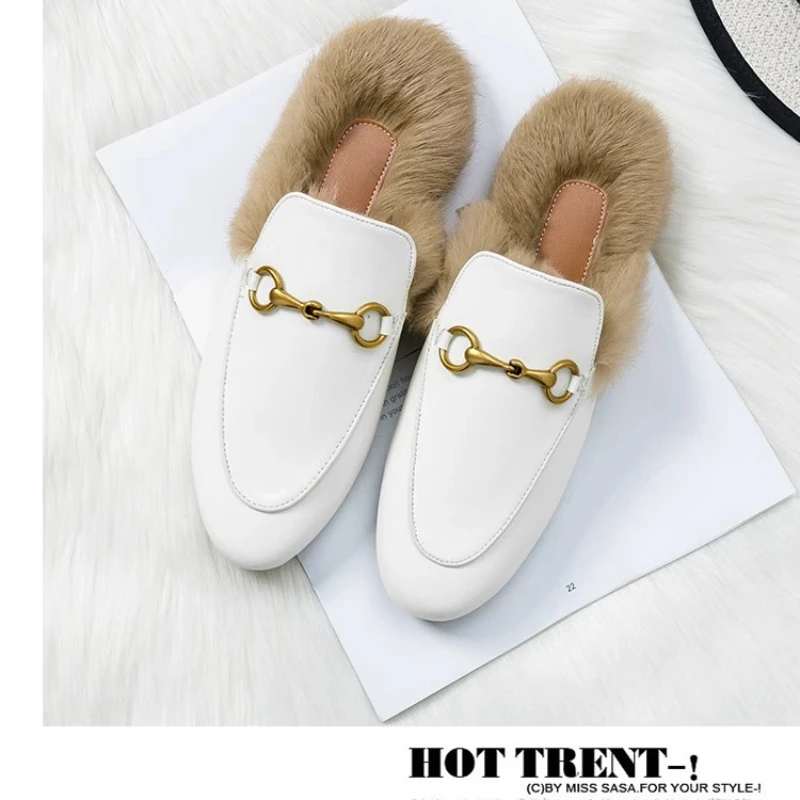 Baotou Horse Buckle Outside To Wear Rabbit Hair Flat Bottom Plus Cashmere Warm Fashion All Comfortable Non-slip Female Slippers