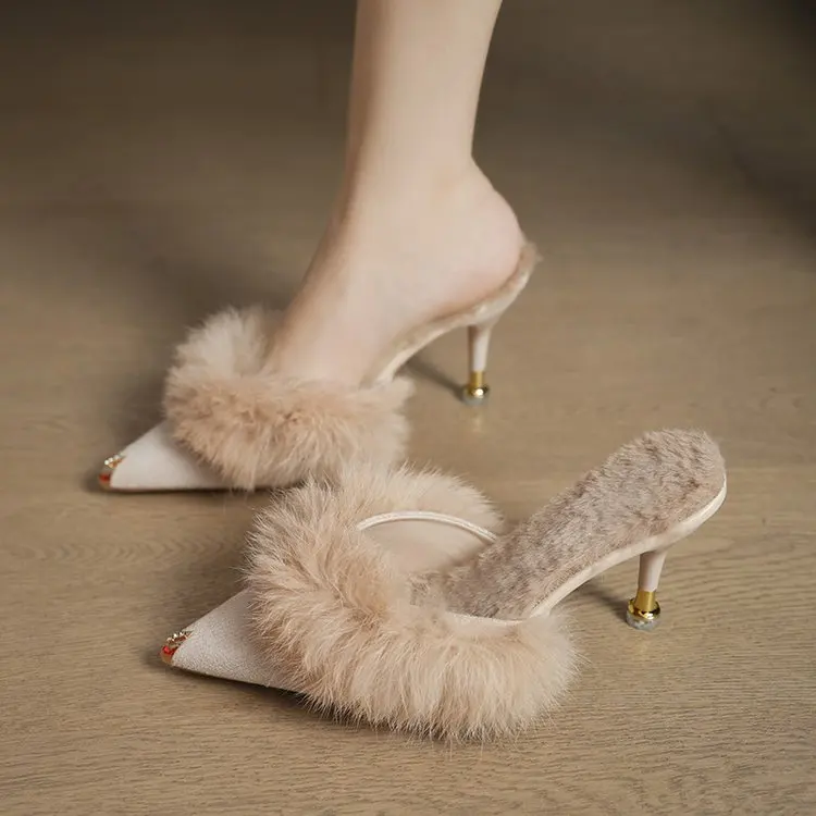 

Faionable меховые тапочки с леопардовым принтом, женские теплые тапочки Fce f, универсальные тапочки с металлическим острым носком на среднем каблуке