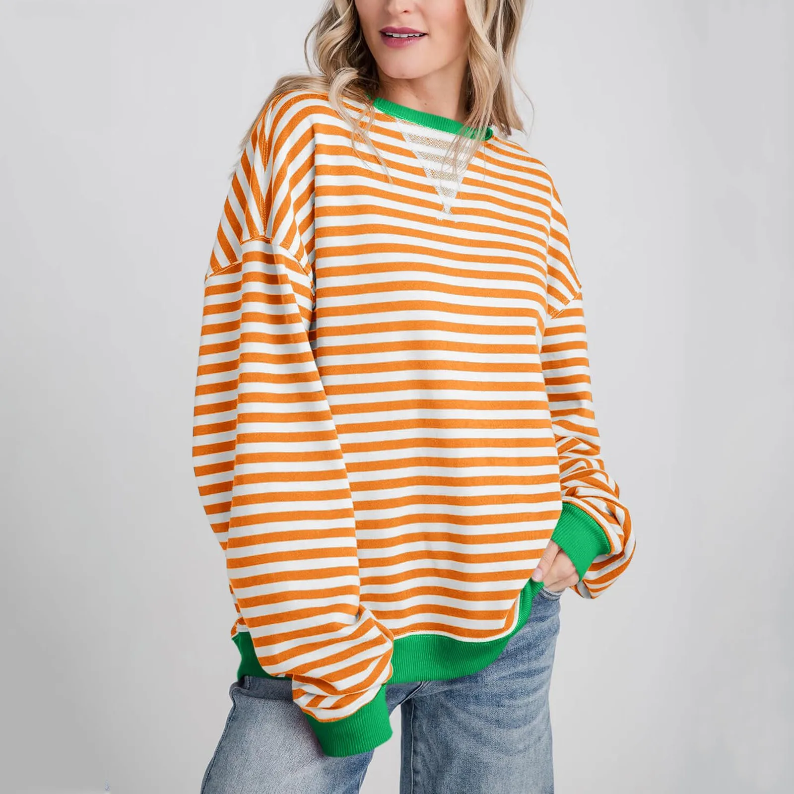 Women\'s Oversized Blouses Striped Color Blocking Long Sleeved Round Neck Sports T-Shirts Casual Loose O-Neck Pullover Shirt Tops