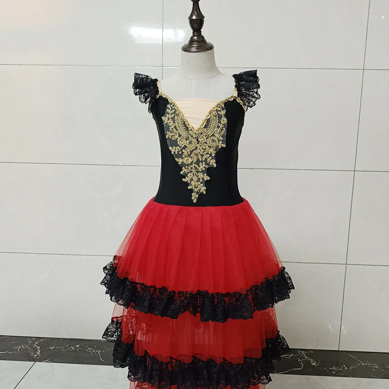 2023 New Red Spanish Dress For Adult Girls Long Romantic Ballet Tutu Skirt For Girls Soft Tulle Long Dress Performance Costumes