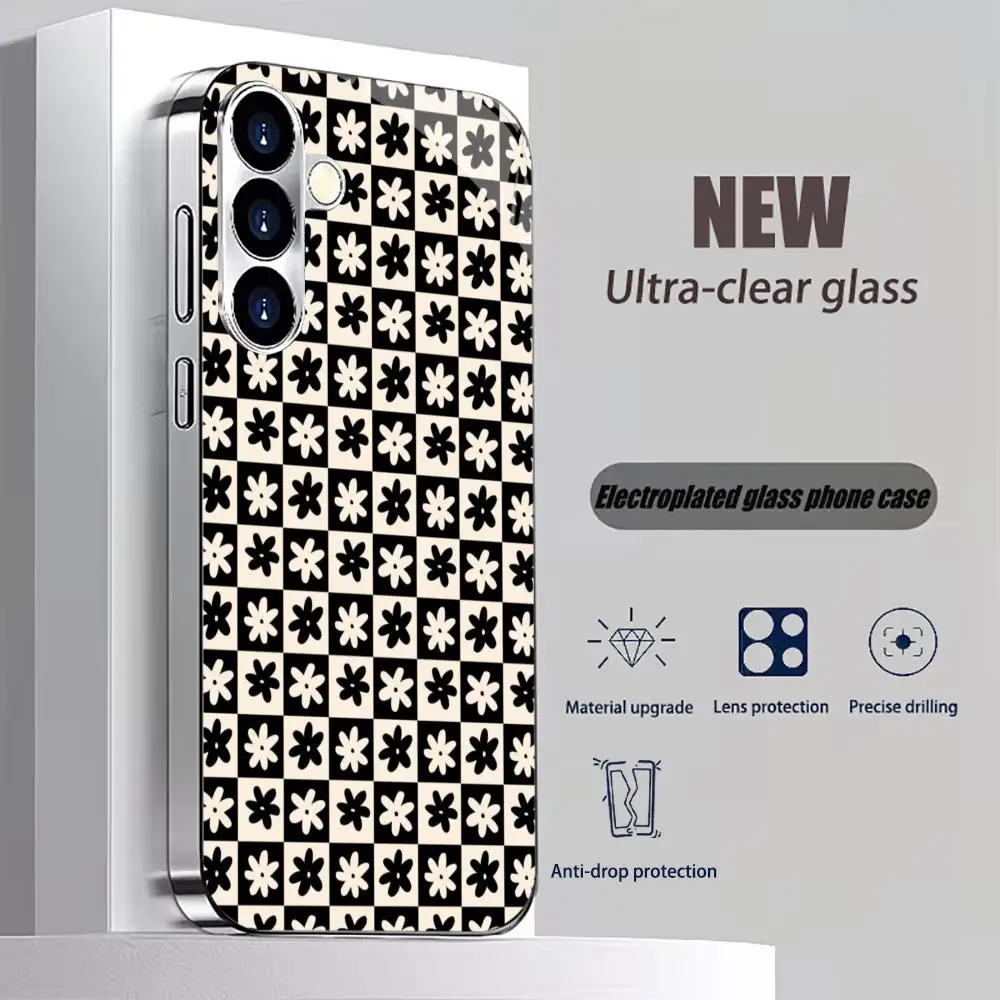 Flower Grid Checker Electroplated Glass TPU PhoneCase for Samsung Galaxy S26 S25 S24 S23 S22 S21 FE,Ultra,Plus Drop resistant