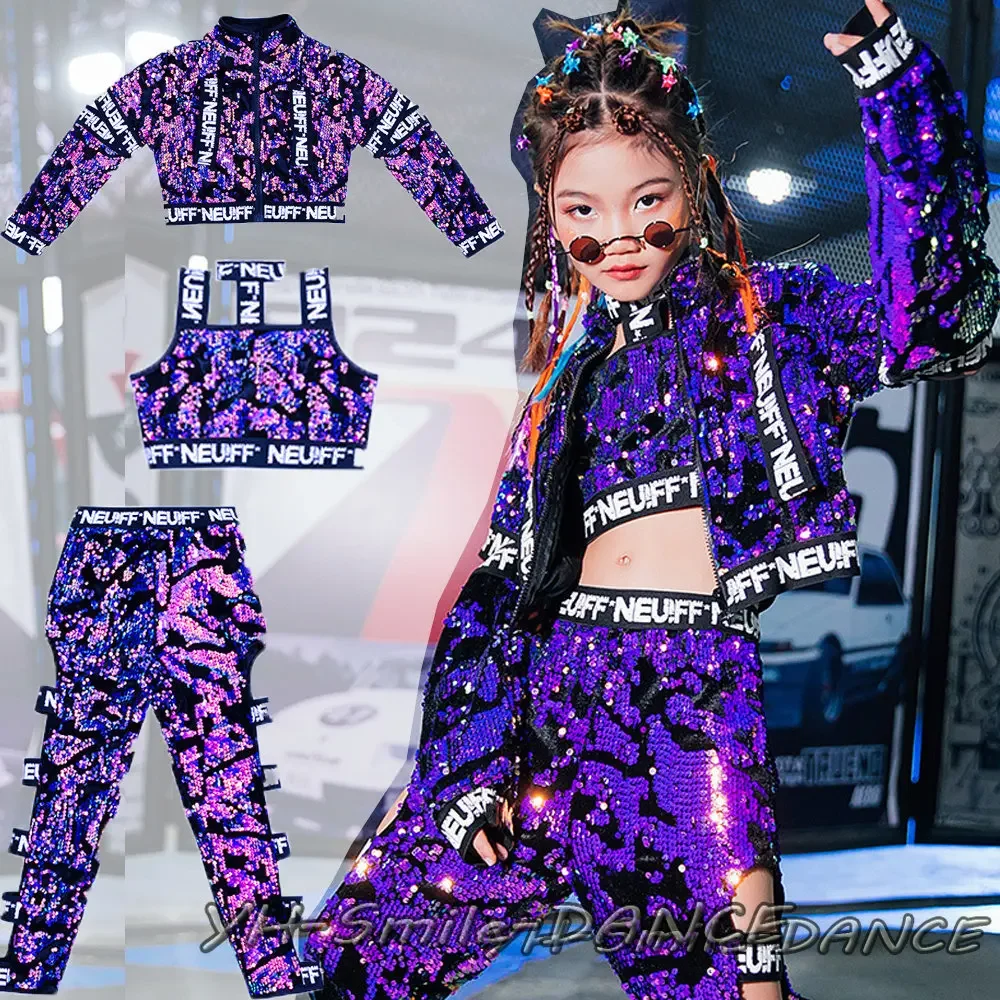 Kids Purple Sequin Suits Braid Children Show Model T-Stage Dancer Clothing Fashion Hip Hop Jazz Dancing Outfit Dance Costume